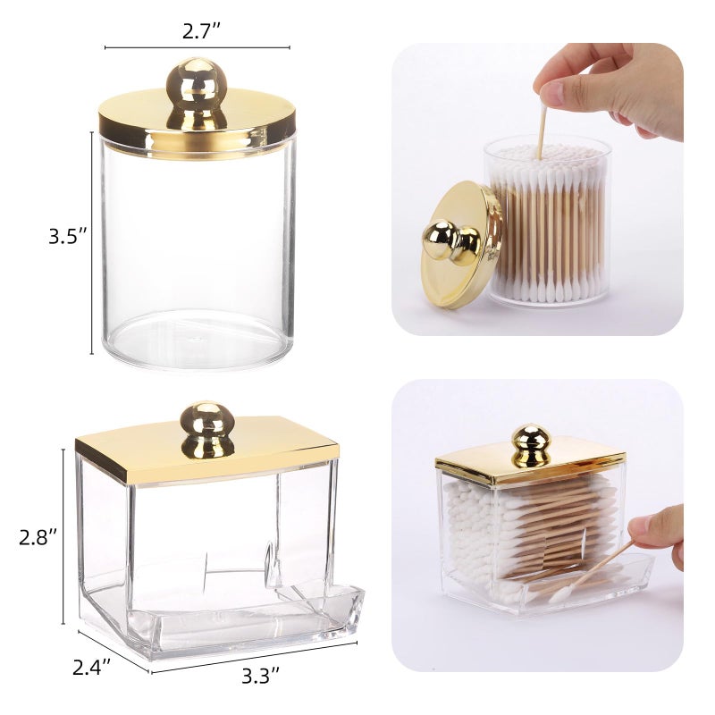 Tbestmax 10oz Cotton Ball Holder 7oz Qtips Dispenser, Bathroom Container Organizer for Storage Cotton Swabs, Pads - Apothecary Jar with Gold Lids - Image 2